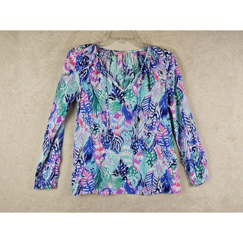 Lilly Pulitzer Women's Tie Neck Lightweight Multicolor Blouse Top Size XXS